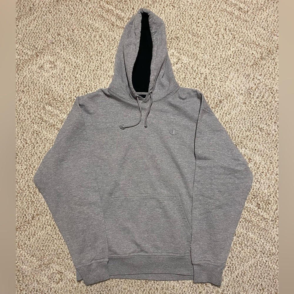 Heather Grey Champion hoodie with embroidered logo